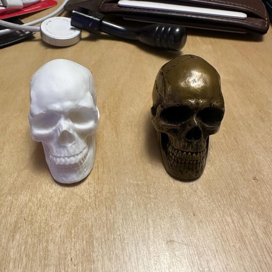 Bone-white and gold-finished anatomical skull statues side by side