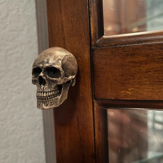 A bronze anatomical skull knob fitted to the door of a glass-fronted mahogany curio cabinet